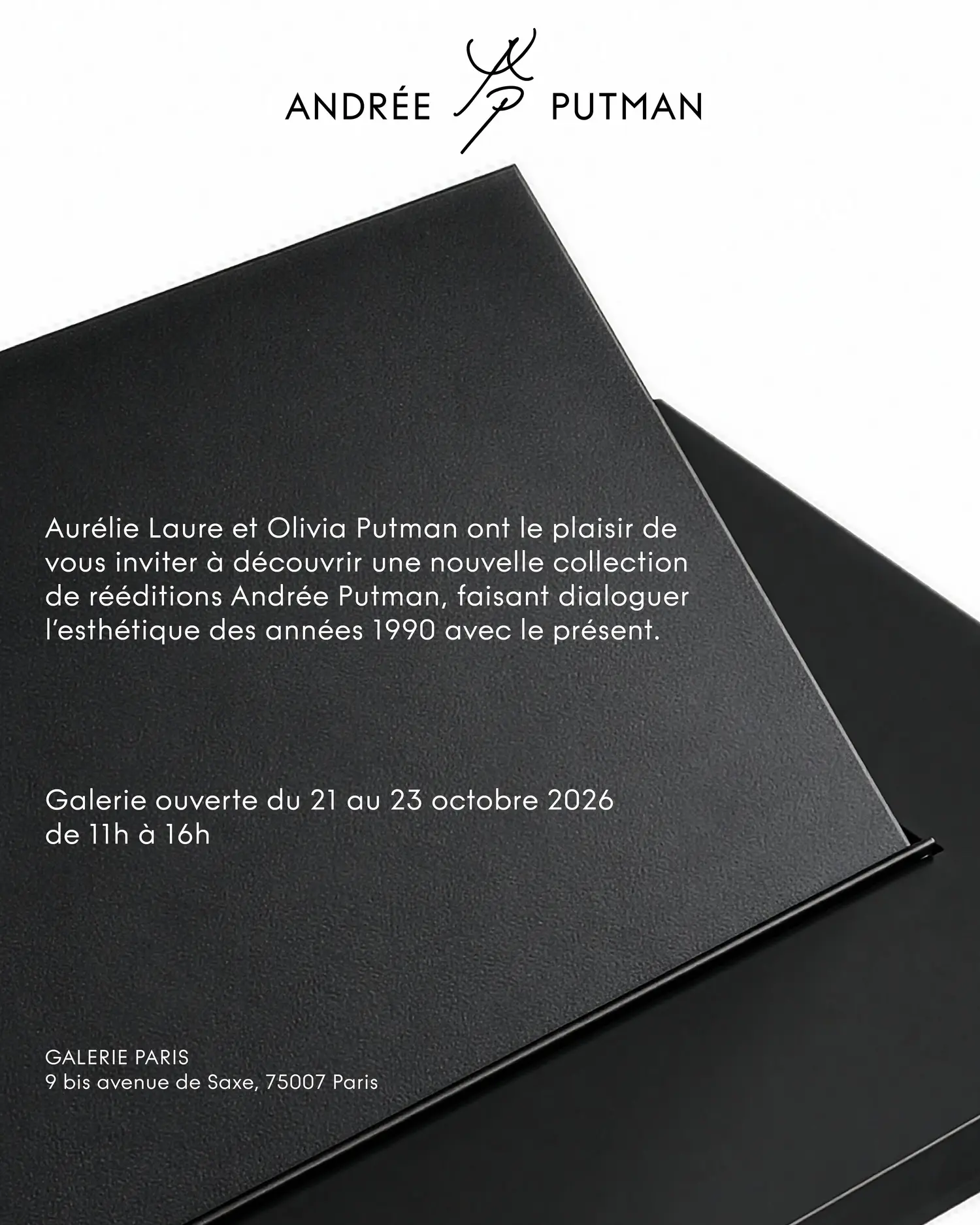 Invitation : nouvelle collection de rééditions Andrée Putman, galerie ouverte du 21 au 23 octobre 2026 de 11h à 16h, 9 bis avenue de Saxe, 75007 Paris